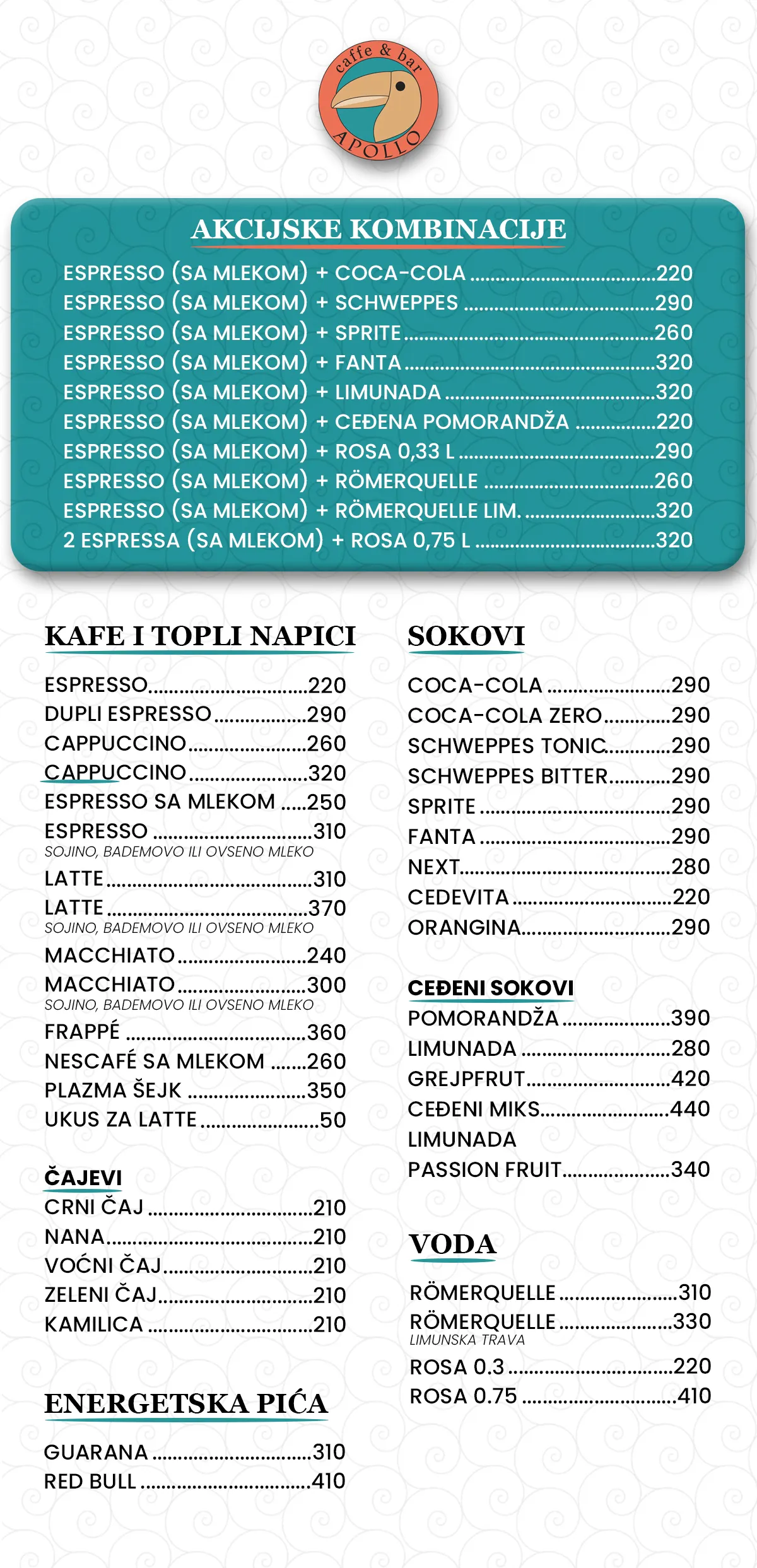Apollo meni — kafa i topli napici, sokovi