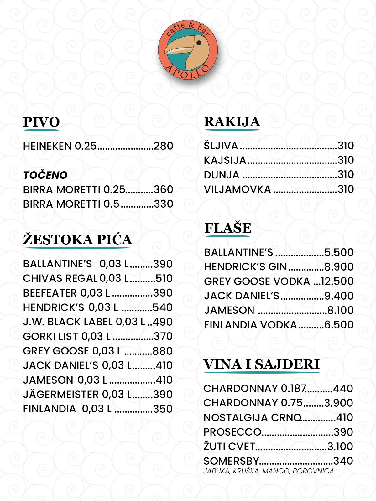 Apollo meni — pivo, rakija, žestoka pića, flaše, vina